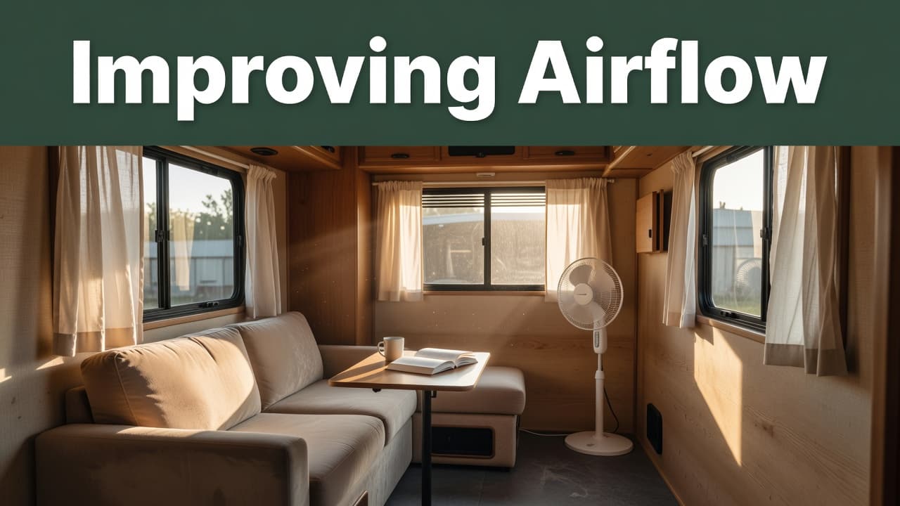Bright sunlight illuminates an RV interior featuring wide open windows and a circulating ceiling fan. Modern seating arrangements and soft textiles create a comfortable living space optimized for natural ventilation.