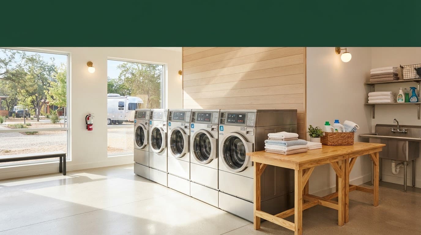Modern washing machines and dryers lined up inside a clean campground laundry room.