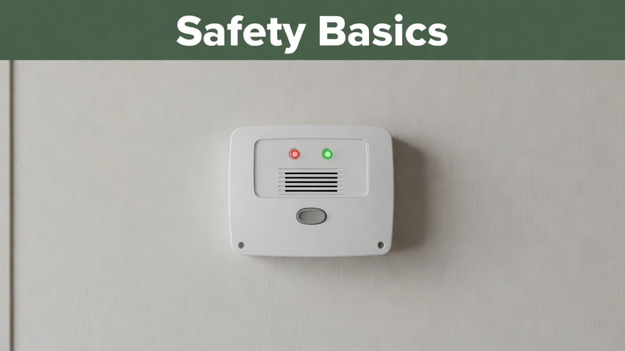 A sleek carbon monoxide and propane sensor is mounted securely on a beige camper wall. Above the device, a decorative dark-green horizontal stripe displays the bold white text Safety Basics.