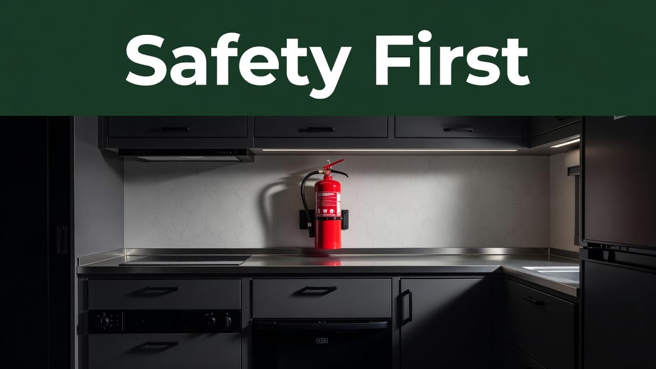 A sleek RV kitchenette features a compact counter, stainless steel sink, and a red fire extinguisher securely mounted on the wooden wall. A bold headline banner rests prominently above the scene.