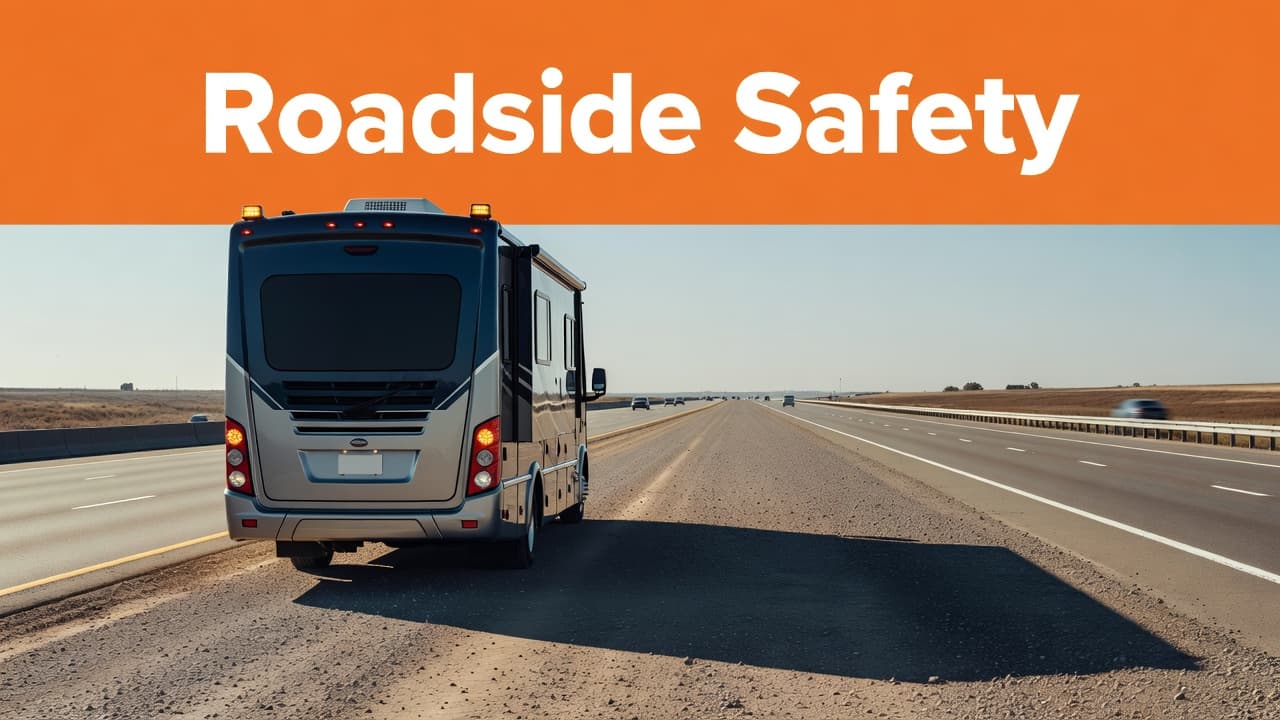 A large motorhome parked safely on a highway shoulder with flashing hazards.