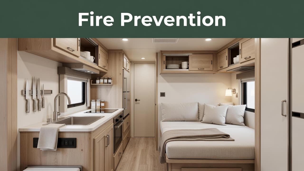 A tidy kitchenette and living space inside a recreational vehicle features neutral cabinetry and minimalist surfaces. Above the cooking area, a dark green band displays clear white text regarding fire prevention safety.