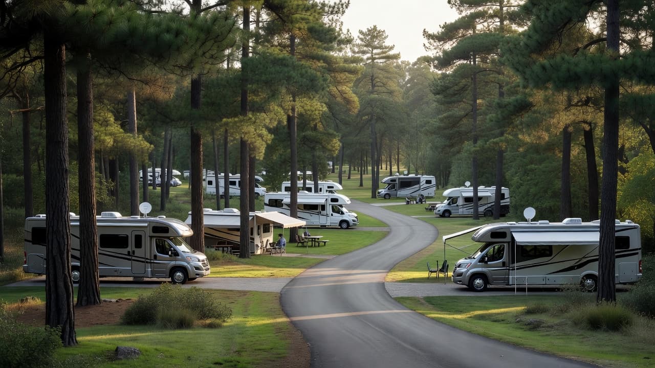 Modern motorhomes parked peacefully with generous spacing among tall pine trees.
