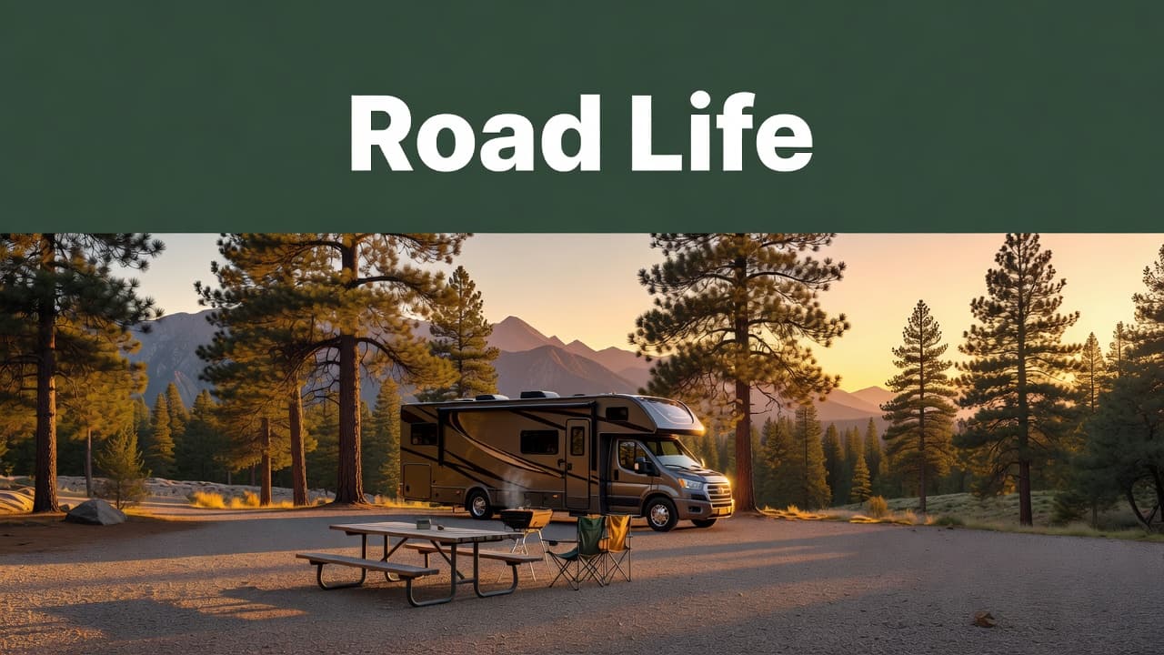 A modern recreational vehicle is parked beneath towering pine trees during a golden hour sunset. Majestic mountains rise in the distant background, framing the tranquil outdoor scene in warm natural light.