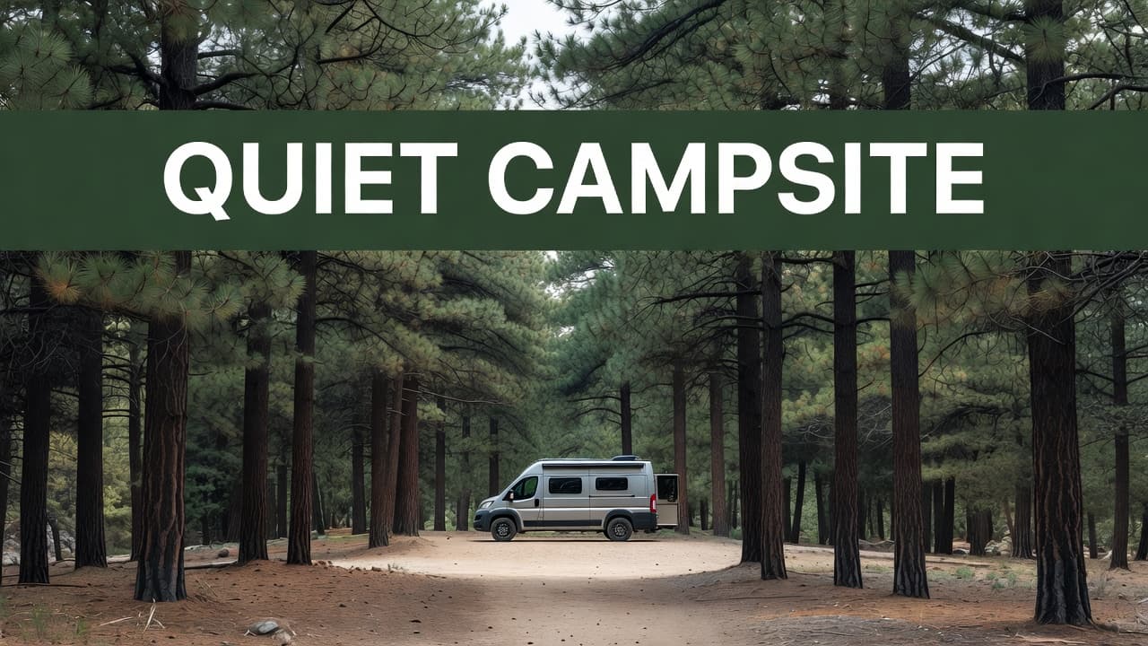 A modern camper van parked among tall pine trees at a quiet campsite.