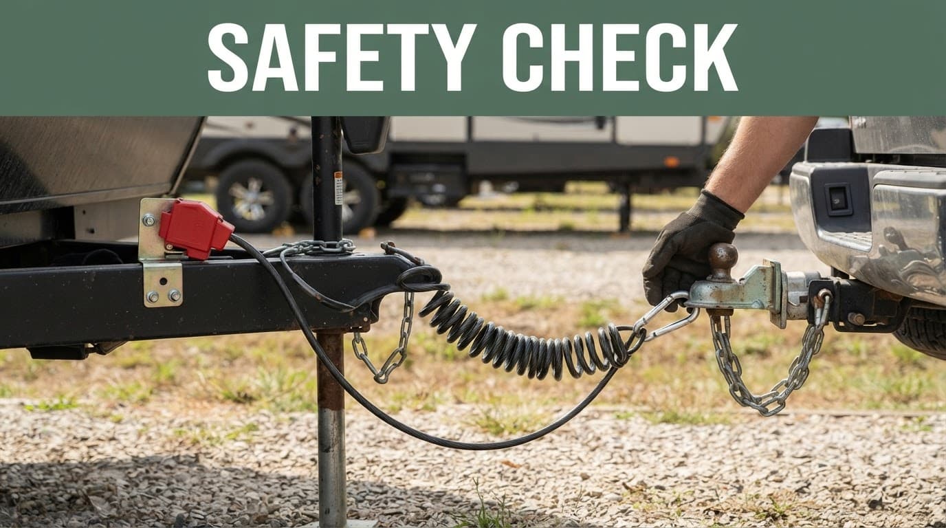 RV breakaway switch and coiled cable attached near a tow hitch outdoors.