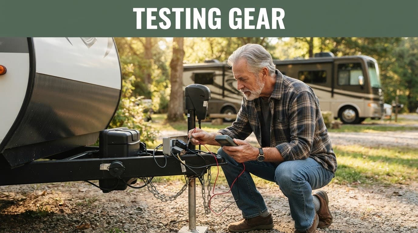 An RVer checks trailer wiring with a multimeter beside a campsite.