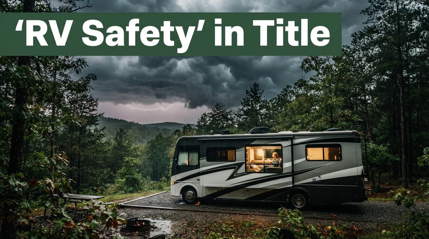 A modern RV at a wooded campground under dark storm clouds with a person visible inside.
