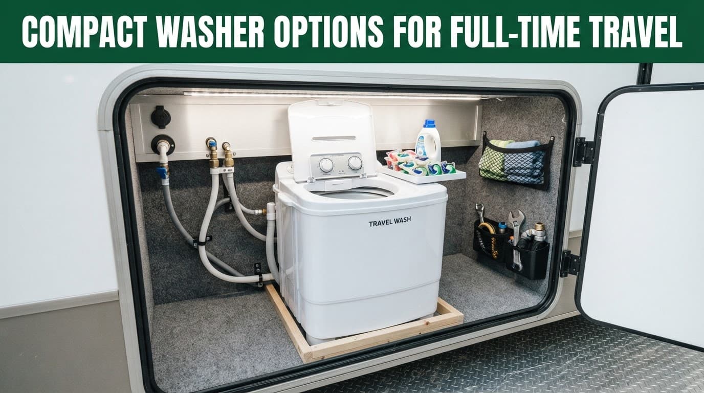 A compact portable washing machine installed inside a lighted RV storage bay.