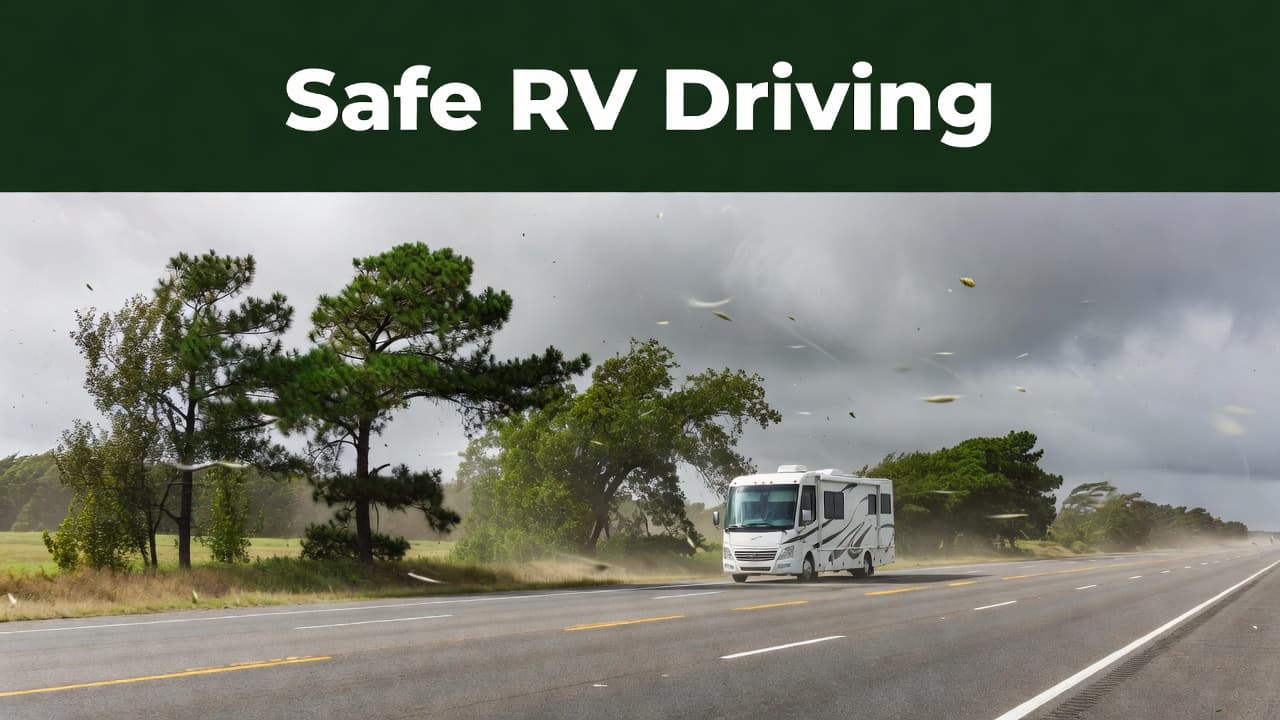A recreational vehicle travels along a wide asphalt highway under an overcast sky. Nearby roadside trees sway heavily in the breeze, demonstrating the impact of moderate crosswinds on large vehicles.