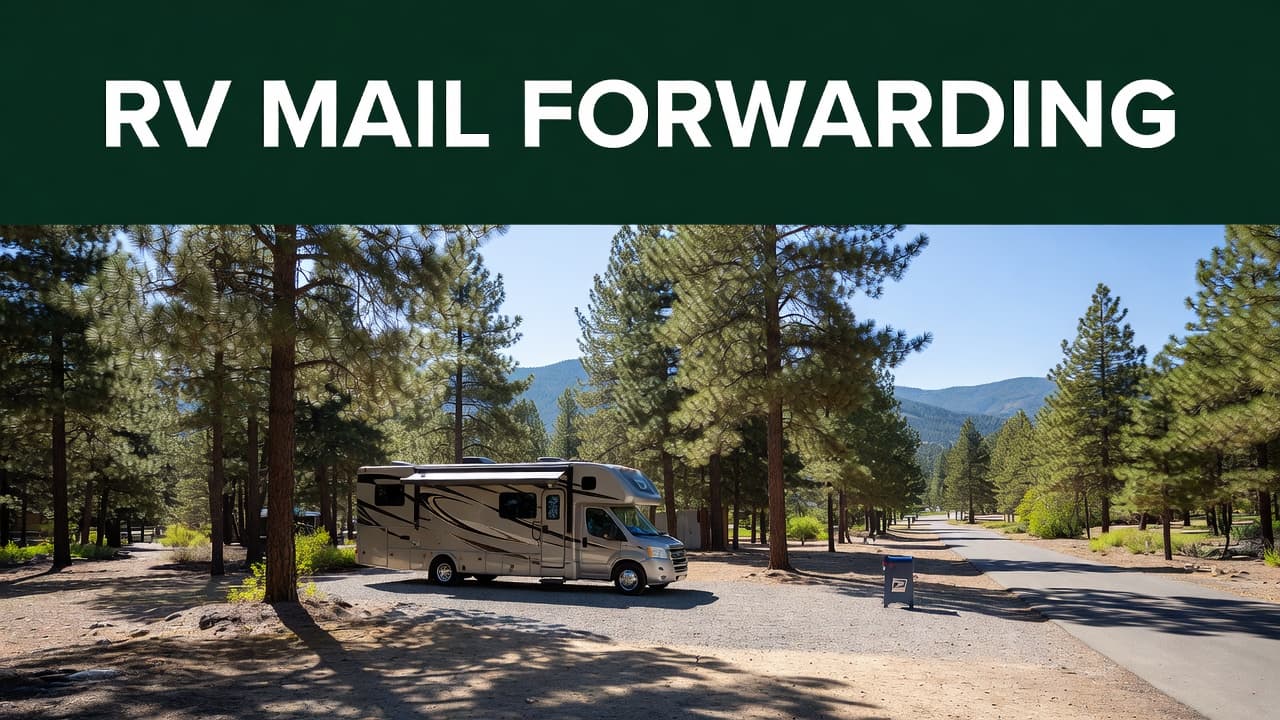 A motorhome parked beneath pine trees at a sunny campground with a bold green headline banner.
