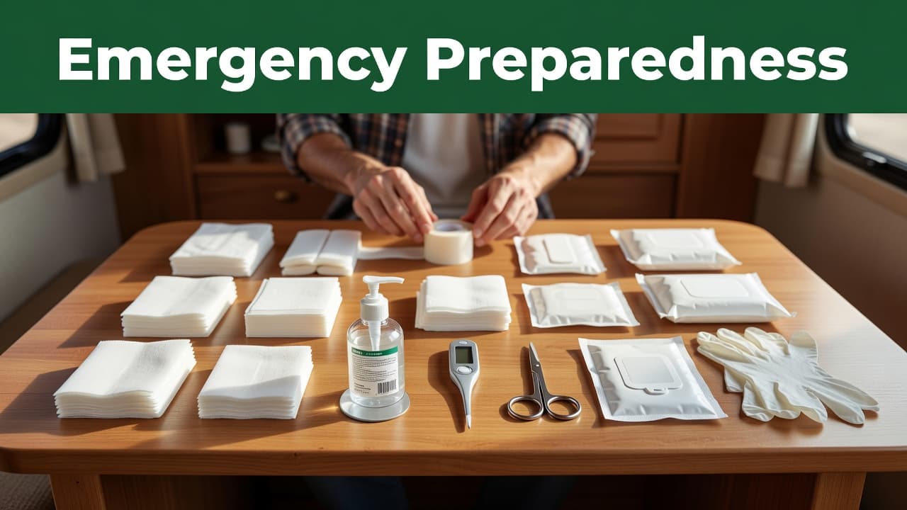 A dark green headline banner sits atop an assortment of medical bandages, antiseptics, and a thermometer spread across a wooden table. A person in the background neatly organizes the travel supplies.