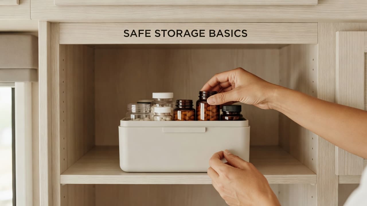 Hands arrange bottles inside a neat medicine storage box in a bright RV cabinet.
