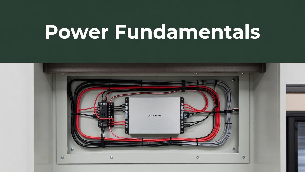 A clean interior view of an RV power panel reveals organized electrical wiring and a central converter unit. A green header strip features bold white text labeling the internal system components.