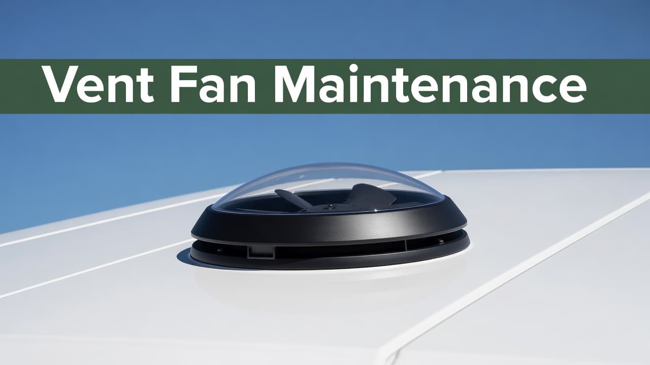 A close-up view of a white roof vent fan mounted on a clean camper surface. A dark green header band features bold geometric text explaining necessary maintenance procedures for the system.