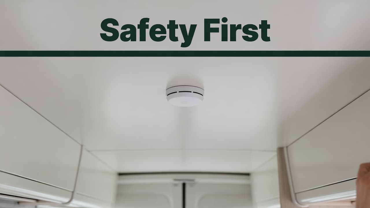 A sleek white smoke detector is mounted securely to the ceiling of a camper van interior. A subtle dark-green header strip with white text sits above the unit near the ceiling edge.