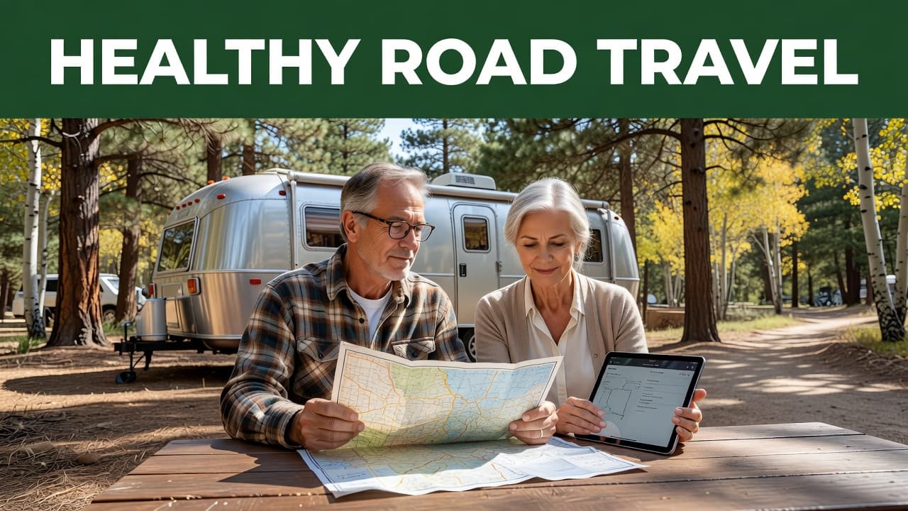 An older couple at a picnic table looking at a paper map and tablet near their RV.