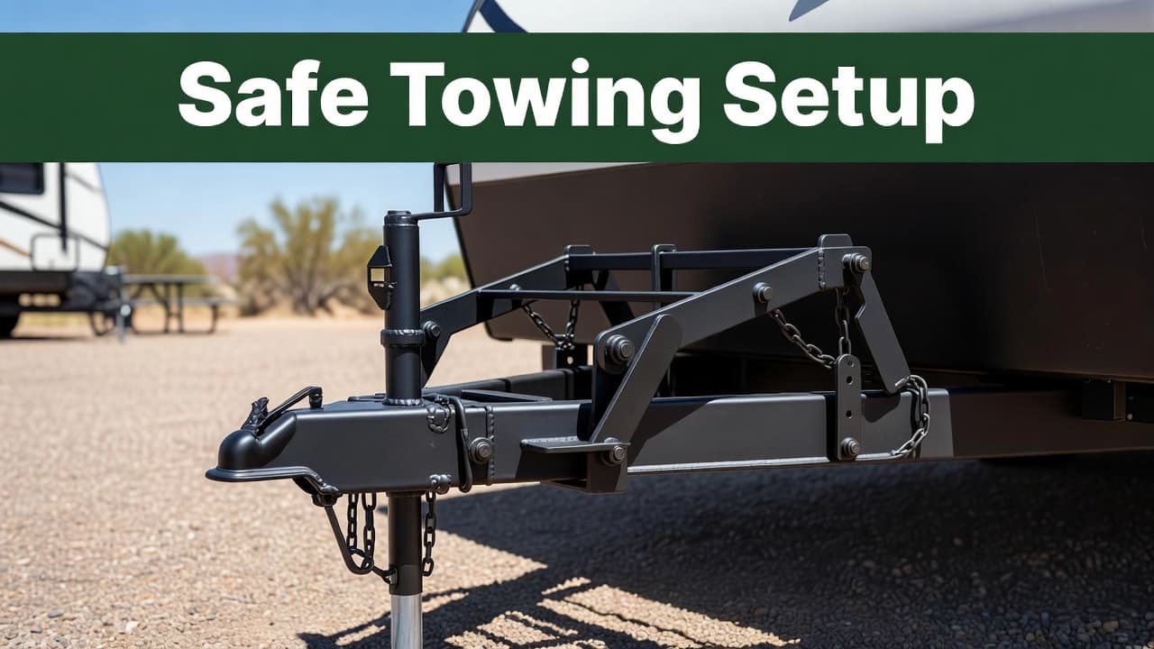A close-up view shows a rugged metal weight distribution hitch securely mounted to an RV trailer tongue. The mechanical assembly glistens under bright sunlight at a scenic outdoor campsite location.