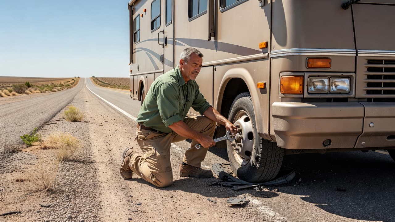 An RV parked on a highway shoulder with flashing hazard lights.