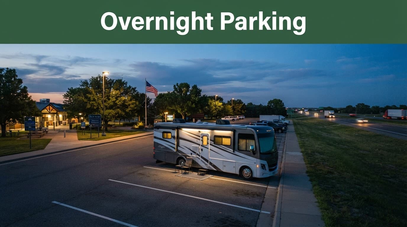 An RV parked safely at a well-lit rest stop during twilight.
