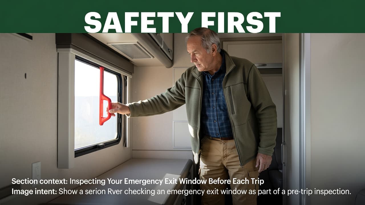 A senior man checking the red emergency release handle on a modern RV window.