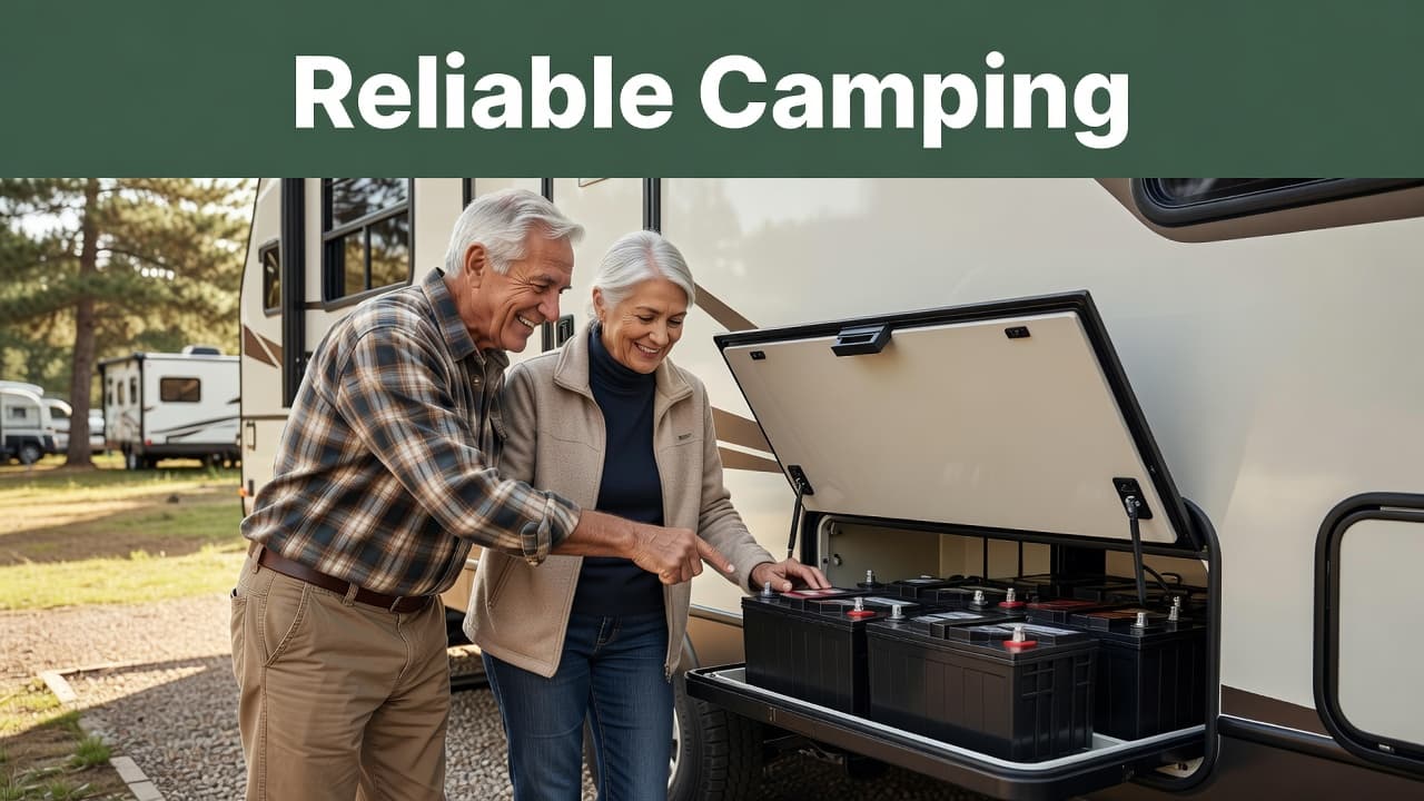 An older couple smiles while examining a compartment of RV batteries during an outdoor camping trip. Golden sunlight illuminates their faces as they ensure the power system is fully operational.