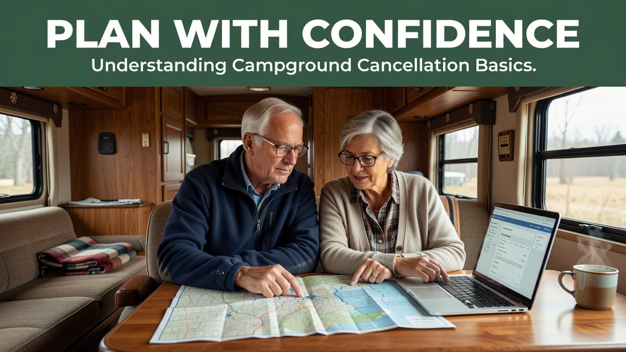 An older couple in an RV looking at a map and laptop together.
