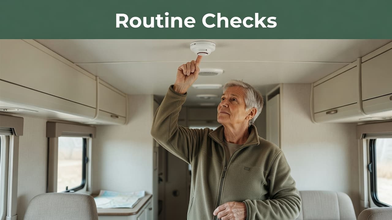 An older individual reaches up to press the test button on a white smoke detector mounted to the ceiling inside an RV. Soft daylight illuminates the interior and the green header.