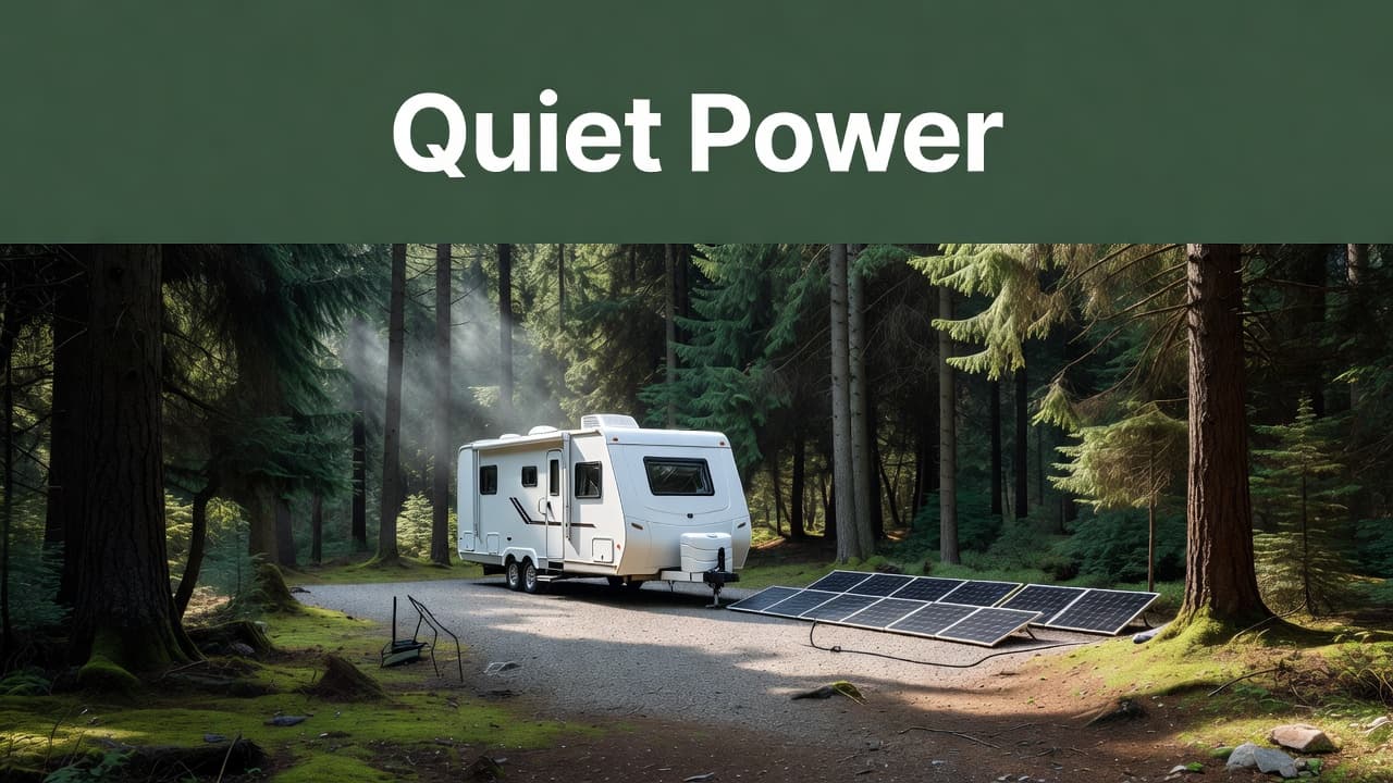 A compact travel trailer sits parked amidst tall pine trees in a serene campground. Portable solar panels lie on the grass nearby, while a dark green banner highlights the Quiet Power text.