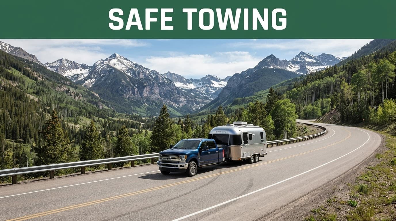 A pickup truck tows a silver trailer on a mountain highway beneath a green SAFE TOWING banner.
